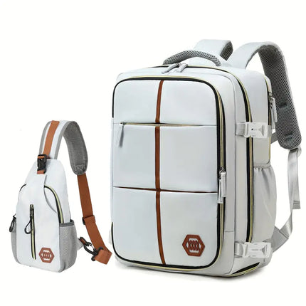 NNETM Travel Backpack with Airline-Approved Laptop Compartment and Shoes Compartment - Silver Gray and Chest Bag-0