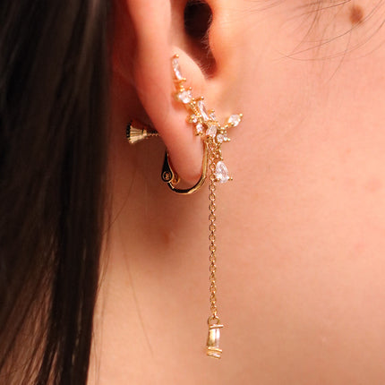 Cubic Leaf Drop Clip On Earrings-1