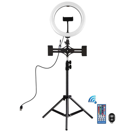 NNEIDS 10.2 Curved Rgbw Led Ring Light Kit With Tripod Dual Phone Brackets Remote And Clamp-0