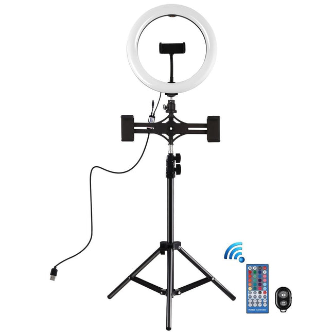 NNEIDS 10.2 Curved Rgbw Led Ring Light Kit With Tripod Dual Phone Brackets Remote And Clamp-0