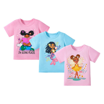 Kids’ Mermaid Cartoon Pattern Short Sleeves T-shirt in European and American Style for Summer-0