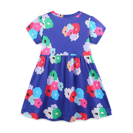 Summer Arrival Colorful Flowers Pattern Short Sleeves Crew Neck Dress for Stylish Girls-0