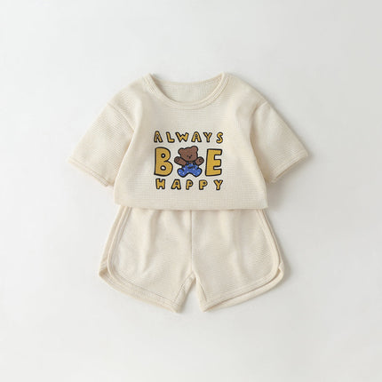 Baby Cartoon Bear & Slogan Pattern Waffle Fabric Tops Combo Solid Shorts 1-Piece Sets-1