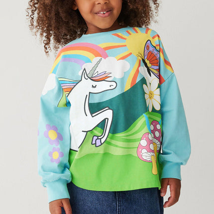 Arrival Autumn Girls’ Vivid Unicorn Cartoon Long Sleeves T-shirt in European and American Style-2