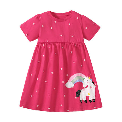 Spring And Summer Baby Girls Short Sleeves Rainbow Horse Floral Cartoon Dress-0