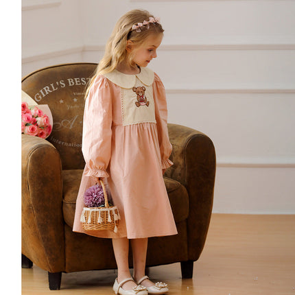 Arrival Autumn Girls Pink Long Sleeves Dress with Teddy Embroidery Pattern-1