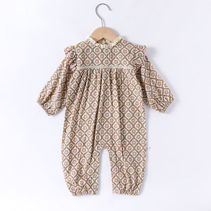 Spring Arrival Baby Girls Long Sleeves Vintage Floral Pattern Rompers and Onesies-1