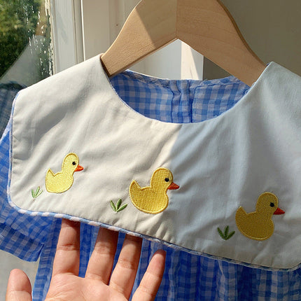 Summer Baby Kids Girls Short Sleeves Crew Neck Duck Pattern Plaid Dress-2