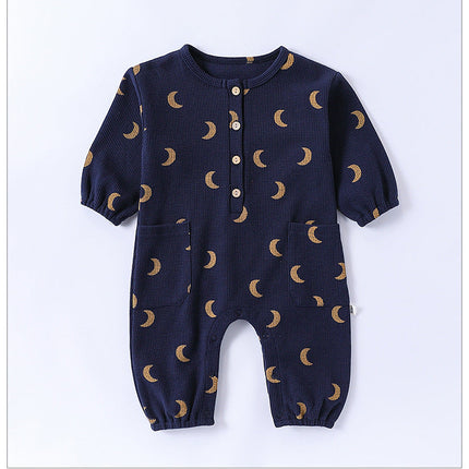 Spring Arrival Baby Unisex Long Sleeves Waffle Grid and Simple Pattern Rompers-4