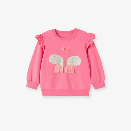 Spring and Autumn Girls Butterfly Cartoon Pattern Long Sleeves Crew Neck Top Sweatshirt and White Pants Clothing Set-1
