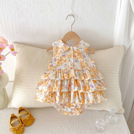 Summer  Arrival Baby Girls Cute Sleeveless Flowers Pattern Ruffle Onesies-3