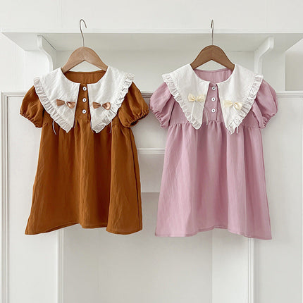 Arrival Summer Girls Vintage Countryside Double-Bow Collar Short Sleeves Dress-0
