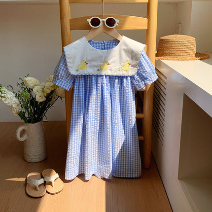 Summer Baby Kids Girls Short Sleeves Crew Neck Duck Pattern Plaid Dress-4