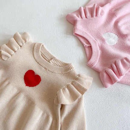 Baby Girl Heart Embroidered Pattern Ruffle Long Sleeve Knit Onesies-1