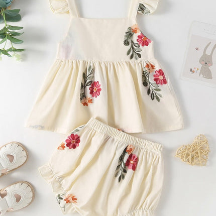 Summer Baby Kids Girls Floral Pattern Sleeveless Strap Top Dress And Bloomers Clothing Set/ Onesies-2