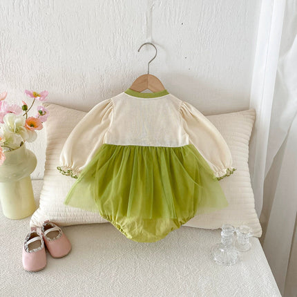 Autumn Arrival Baby Girls Long Sleeves Flowers Pattern Tulle Patchwork Onesies-2