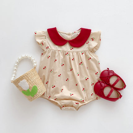 Summer Thin Arrival Baby Girls Cherry Print Fly Sleeves Peter Pan Collar Onesies-1