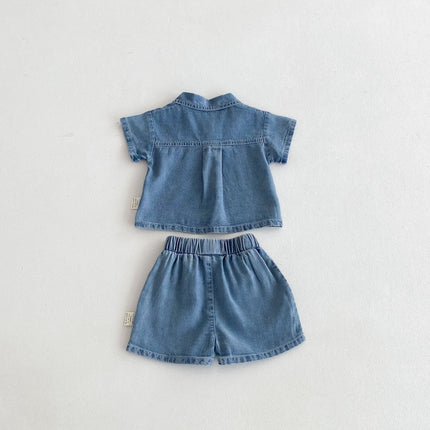 Summer Hot Selling Baby Kids Boys Short Sleeves Denim Single Breasted Top and Shorts Clothing Set-4