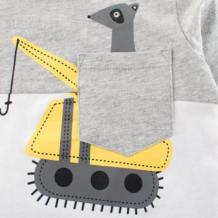 Baby Boy Cartoon Excavator & Animal Pattern Contrast Design Shirt-2