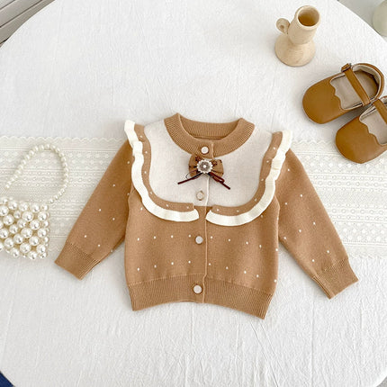 Autumn Arrival Baby Girls Comfortable Dots Pattern Color Patchwork Knitted Long Sleeves Cardigan-4