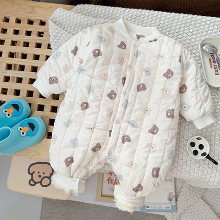 Autumn and Winter Arrival Unisex Baby’s Teddy Printed Fleece-lined and Thickened Rompers for Warmth-2