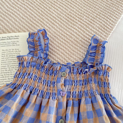 Summer Baby Kids Girls Plaid Strap Dress And Shorts Clothing Set-2