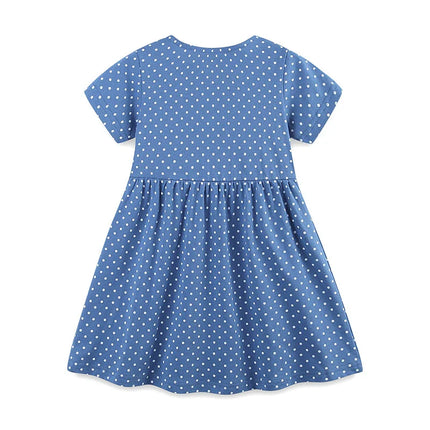 Summer Pure Cotton Dots and Animals Pattern Short Sleeves Dress for Stylish Girls-1