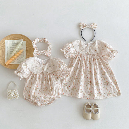 Summer Girls Flowers And Animals Pattern Short Sleeves Hollow Out Collar Onesies And Dress โ Sister Matching Clothing Set-0