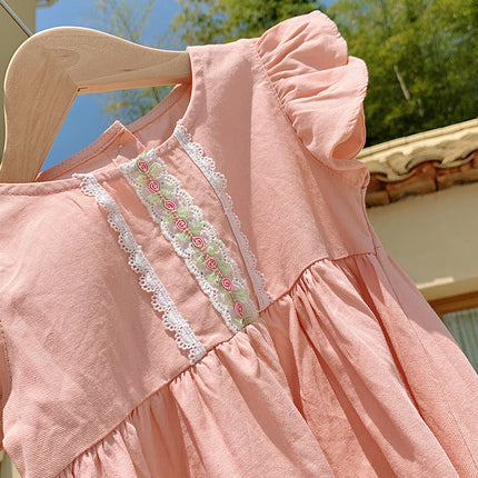 Summer Arrival Kids Girls Fly Sleeves Lace Pattern Dress-3