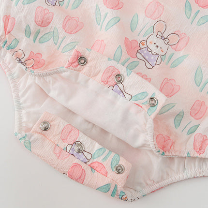 Autumn Arrival Baby Girls Flowers and Rabbits Pattern Long Sleeves Onesies with Stand Collar-2