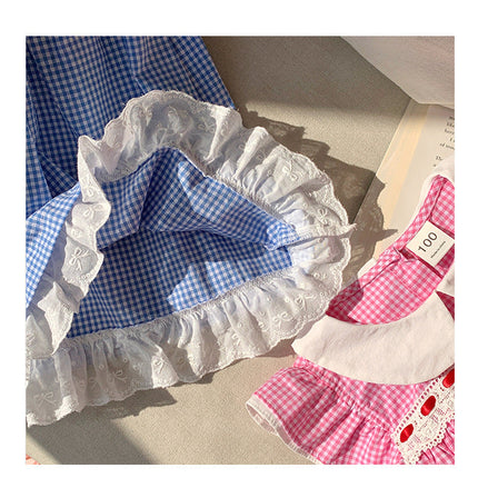 Summer Baby Kids Girls French Fly Sleeves Floral Pattern Embroidered Pattern Plaid Dress-4