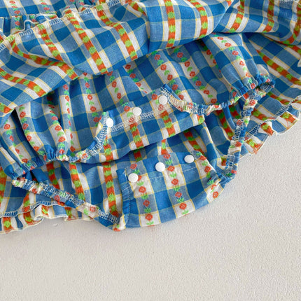 Autumn Arrival Baby Girls Long Sleeves Floral Plaid Ruffle Neck Onesies Dress-3