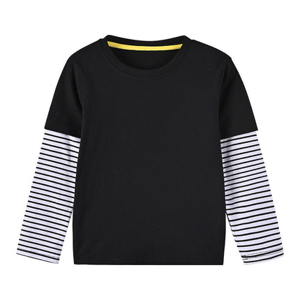 Boys And Girls Striped Sleeve Patchwork O-Neck Fake Hoodie In Autumn-3