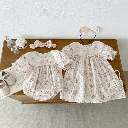 Summer Girls Flowers And Animals Pattern Short Sleeves Hollow Out Collar Onesies And Dress โ Sister Matching Clothing Set-3