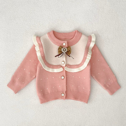 Autumn Arrival Baby Girls Comfortable Dots Pattern Color Patchwork Knitted Long Sleeves Cardigan-2