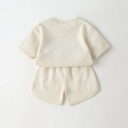 Baby Cartoon Bear & Slogan Pattern Waffle Fabric Tops Combo Solid Shorts 1-Piece Sets-3