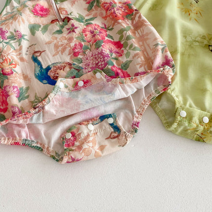 Hot Selling Summer Baby Kids Girls Flowers Pattern Sleeveless Stand Collar Onesies-4