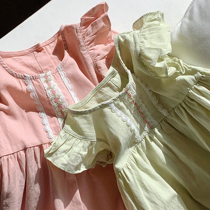 Summer Arrival Kids Girls Fly Sleeves Lace Pattern Dress-4