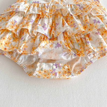Summer  Arrival Baby Girls Cute Sleeveless Flowers Pattern Ruffle Onesies-2