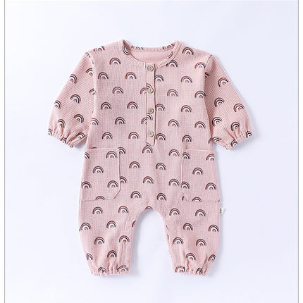 Spring Arrival Baby Unisex Long Sleeves Waffle Grid and Simple Pattern Rompers-5