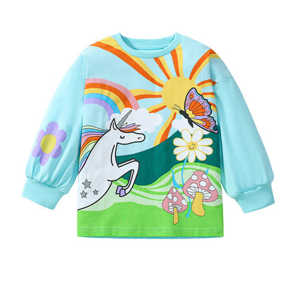Arrival Autumn Girls’ Vivid Unicorn Cartoon Long Sleeves T-shirt in European and American Style-0