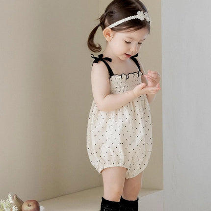 Summer Arrival Baby Girls Cute Dots Pattern Sleeveless Pleated Strap Onesies-2