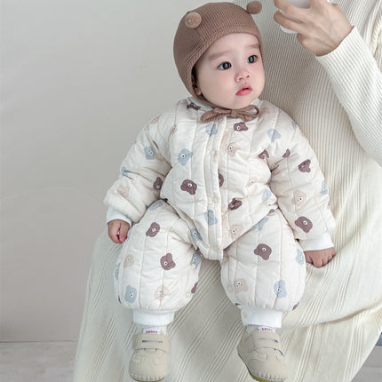 Autumn and Winter Arrival Unisex Baby’s Teddy Printed Fleece-lined and Thickened Rompers for Warmth-1