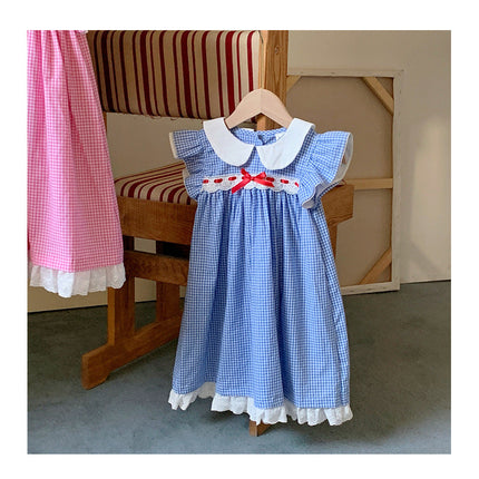 Summer Baby Kids Girls French Fly Sleeves Floral Pattern Embroidered Pattern Plaid Dress-1