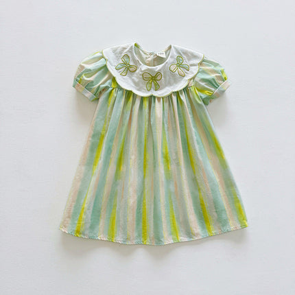 Summer Arrival Baby Kids Girls Short Sleeves Geometric Pattern Embroidered Striped Dress-3