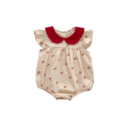 Summer Thin Arrival Baby Girls Cherry Print Fly Sleeves Peter Pan Collar Onesies-3