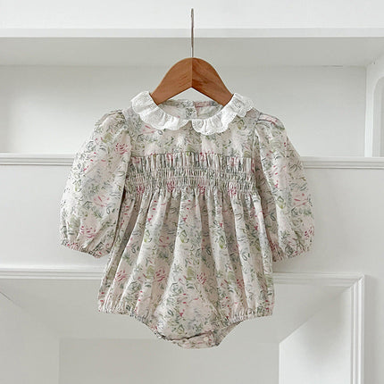 Arrival Autumn Baby Kids Girls Long Sleeves Light Green Floral French Collar Onesies and Dress ā Princess Sister Matching Set-3