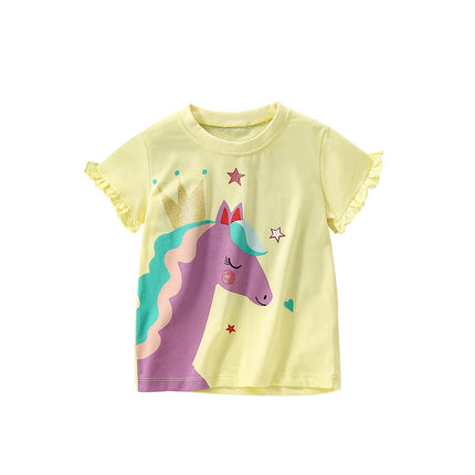 Summer Arrival Girls’ Horse Cartoon Pattern T-shirt in European and American Style-0