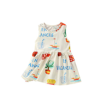 Summer Arrival Cartoon and Letters Pattern Sleeveless Dress for Stylish Girls-0