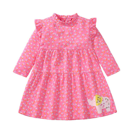 Arrival Autumn Girls Cartoon Elephant And Flowers Pattern Ruffle Neck Long Sleeves Princess Dress-0